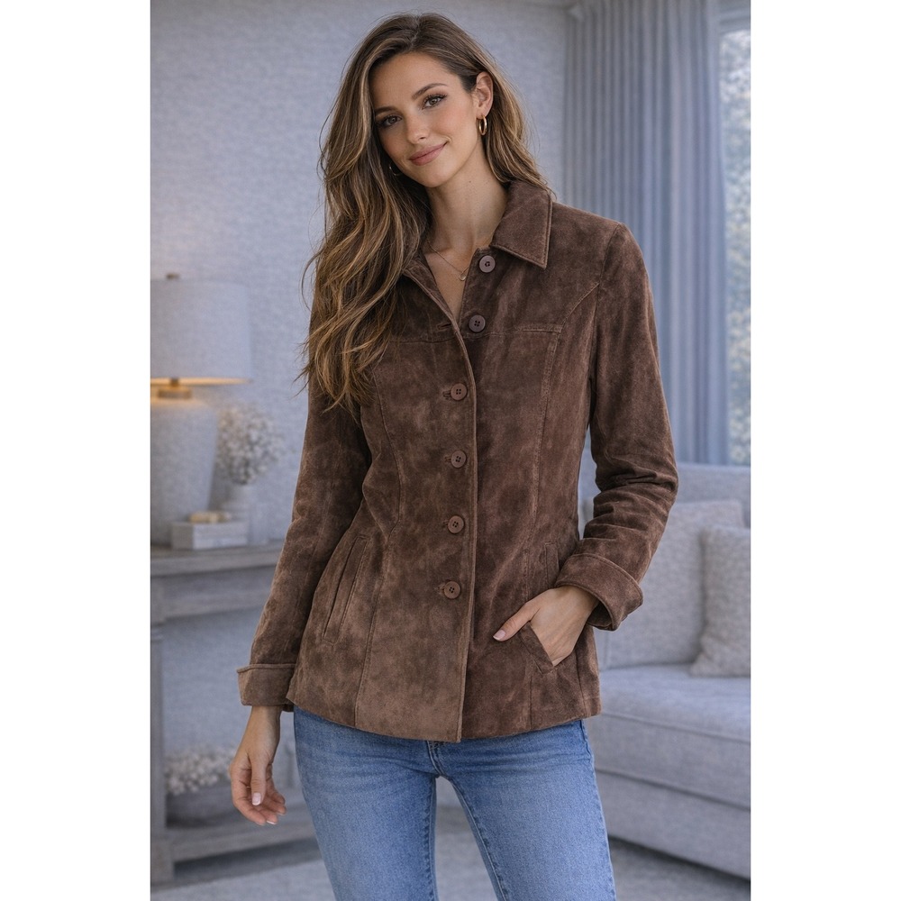 Lord & Taylor Petite Brown Leather Jacket Womens‎ PS Button Front Classic Coat